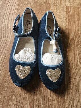NWT Joyfolie Navy Velvet Mary Jane Shoes with Gold Glitter Hearts Size 4Y